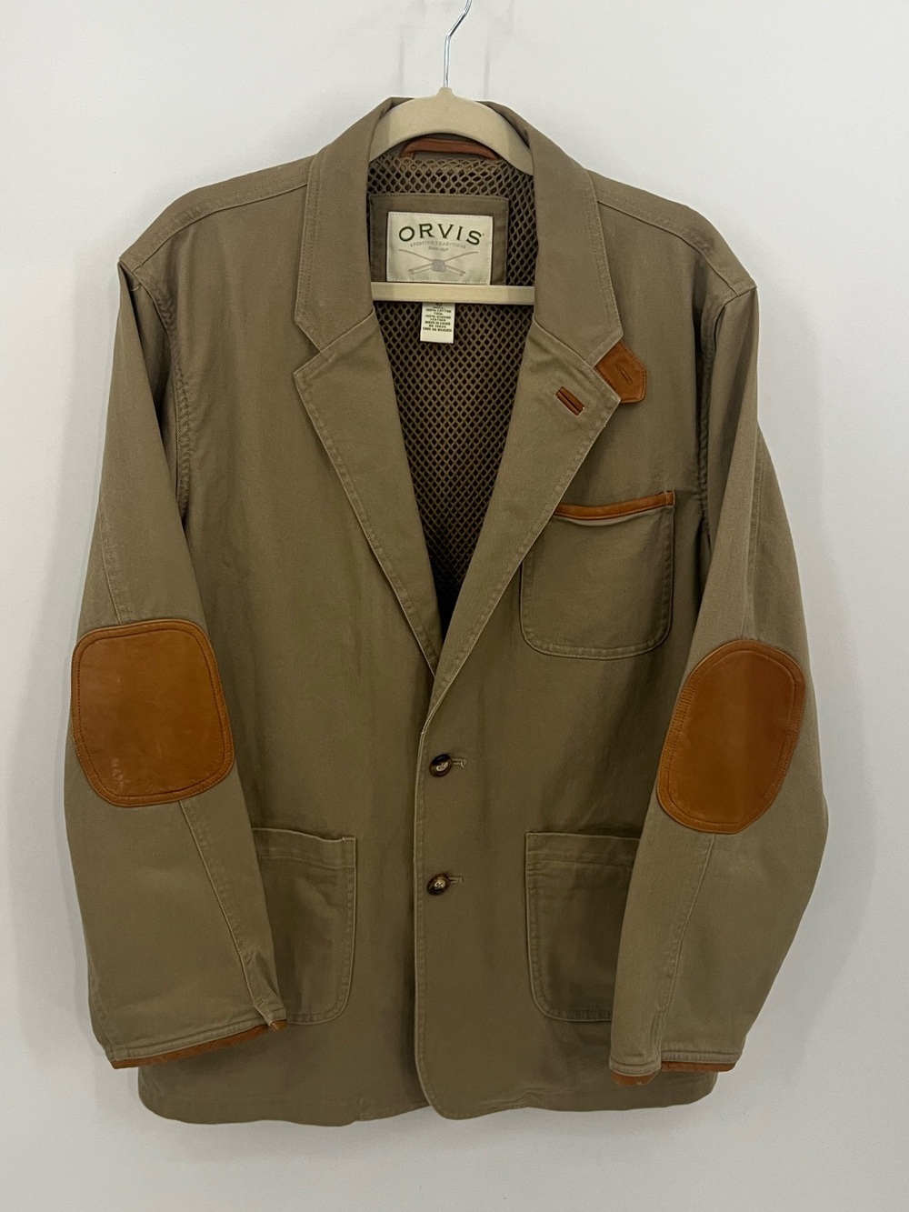 Orvis Zambezi tan twill field jacket with Leather Elbow Patches